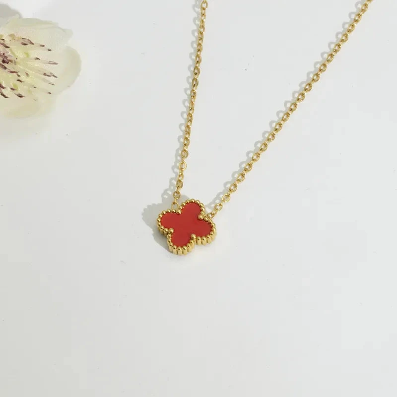 Fritillary-Titanium-Steel-18K-Gold-Plated-Lady-Sweet-Plating-U-Shape-Four-Leaf-Clover-Flower-Pendant-Necklace_2 Κολιέ επιχρυσωμένο ατσάλι τετράφυλλος σταυρός σε 10 χρώματα-NE440 - Image 1