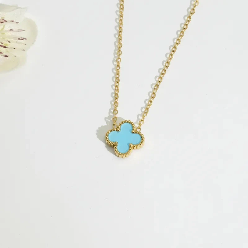 Fritillary-Titanium-Steel-18K-Gold-Plated-Lady-Sweet-Plating-U-Shape-Four-Leaf-Clover-Flower-Pendant-Necklace_9 Κολιέ επιχρυσωμένο ατσάλι τετράφυλλος σταυρός σε 10 χρώματα-NE440 - Image 1