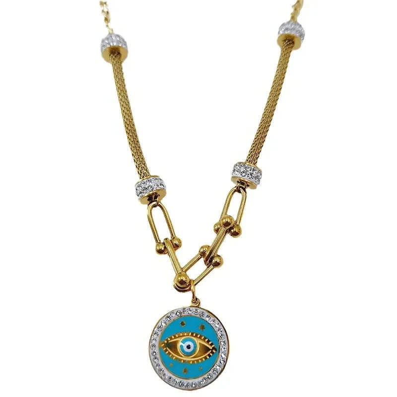 Wholesale-Jewelry-IG-Style-Hip-Hop-Commute-Round-Eye-304-Stainless-Steel-Rhinestones-18K-Gold-Plated-Enamel-Inlay-Pendant-Necklace-display-picture-3 Κολιέ επιχρυσωμένο ατσάλι με τιρκουάζ μάτι-NE209 - Image 1