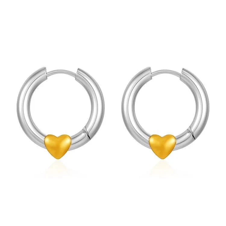 1-Pair-IG-Style-Heart-Shape-304-Stainless-Steel-18K-Gold-Plated-Earrings_3 Σκουλαρίκια ατσάλι ασημί κρίκος και χρυσή καρδιά-EA277 - Image 1