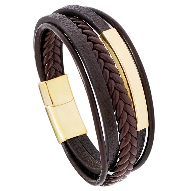 Fashion-Geometric-Plating-No-Inlaid-Unisex-Bracelets Βραχιόλι αντρικό χρυσό ατσάλι με καφέ λουριά-BR177 - Image 1