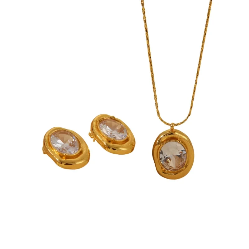 Wholesale-Jewelry-Basic-Luxurious-Irregular-Ellipse-304-Stainless-Steel-Zircon-18K-Gold-Plated-Earrings-Necklace-Jewelry-Set_1 Σετ κολιέ και σκουλαρίκια επιχρυσωμένο ατσάλι ρευστό σχήμα και zircon-SET045 - Image 1