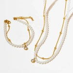 Κολιέ ατσάλι με χρυσή αλυσίδα πέρλες και zircon-NE071 - Image 2