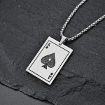 Κολιέ αντρικό ασημί ατσάλι  φύλλο τράπουλας-NE439 - Image 3