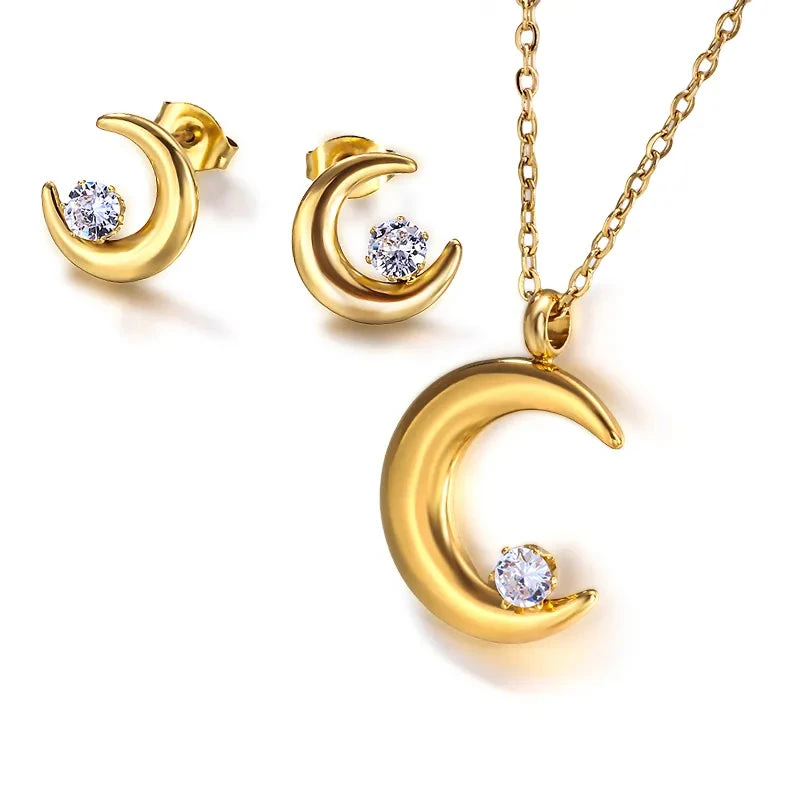 Wholesale-Jewelry-Casual-Simple-Style-Classic-Style-Moon-304-Stainless-Steel-Zircon-18K-Gold-Plated-Inlay-Jewelry-Set_1 Σετ σκουλαρίκια και κολιέ επιχρυσωμένο ατσάλι και zircon-SET039 - Image 1