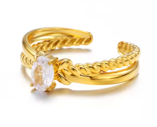 fd Δαχτυλίδι επιχρυσωμένο ατσάλι με πέτρα και πλεκτά στοιχεία-R140 - Image 1