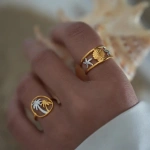 Δαχτυλίδι επιχρυσωμένο ατσάλι κοχύλι με ασημένιους αστερίες-R050 - Image 3