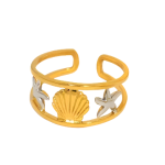 Δαχτυλίδι επιχρυσωμένο ατσάλι κοχύλι με ασημένιους αστερίες-R050