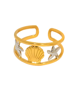 Wholesale-Jewelry-Retro-Vacation-Coconut-Tree-Starfish-Ocean-304-Stainless-Steel-18K-Gold-Plated-Hollow-Out-Open-Rings-6 Δαχτυλίδι επιχρυσωμένο ατσάλι κοχύλι με ασημένιους αστερίες-R050 - Image 1