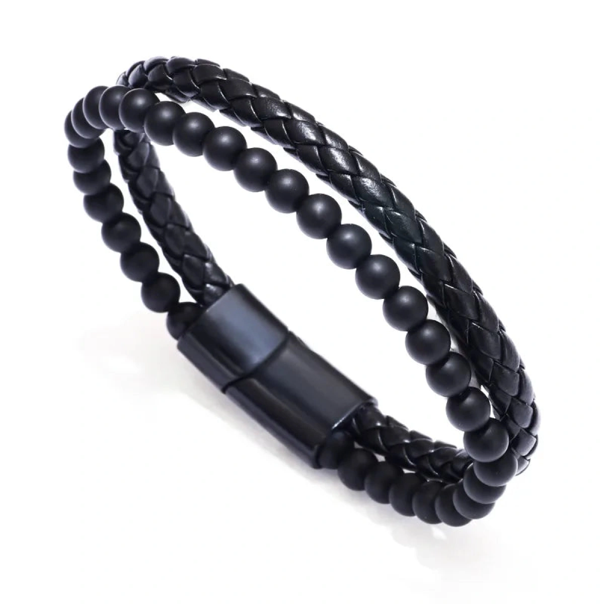 [NewProduct] - Βραχιόλι μαύρο με μαύρες χάντρες και μαύρο συνθετικό δέρμα-BR042 - Image 1