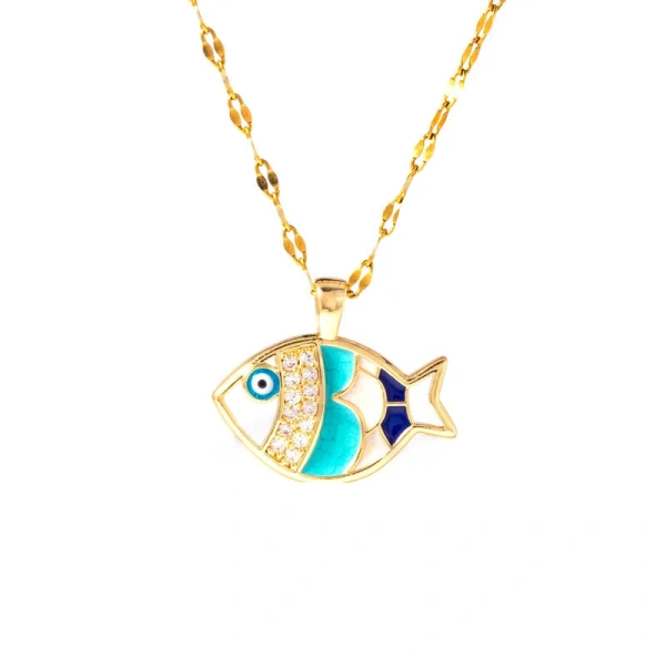 [NewProduct] - Κολιέ ατσάλι μπλε ψαράκι με zircon και σμάλτο-NE332