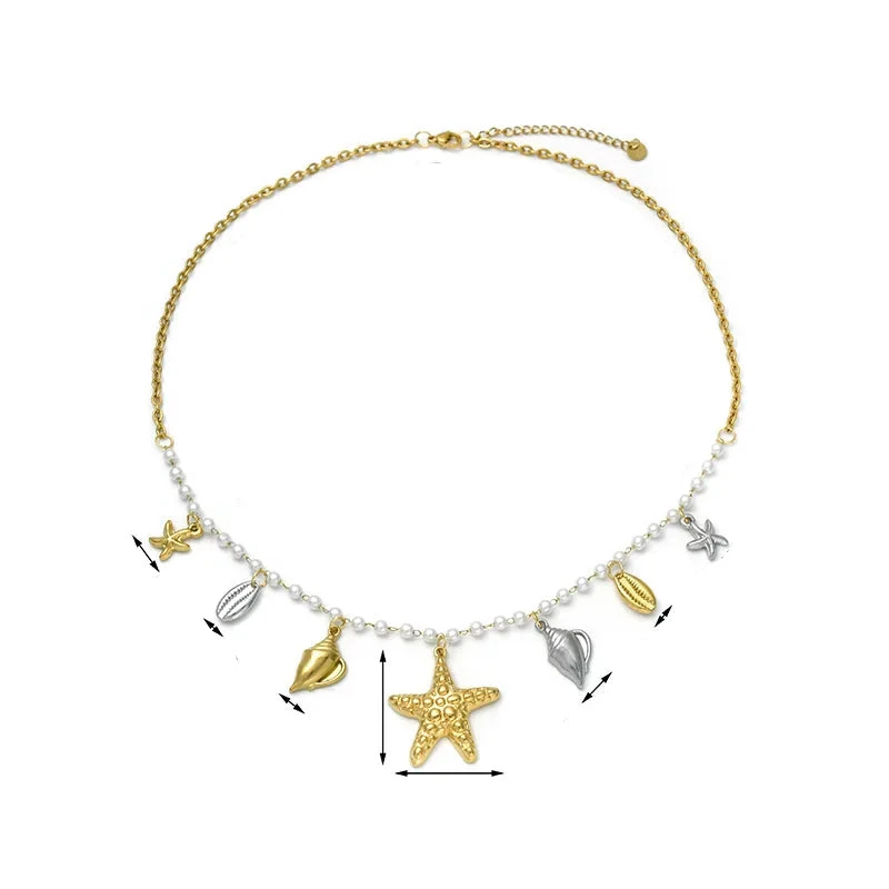 NH43293440 Κολιέ επιχρυσωμένο ατσάλι με ασημί και χρυσά κοχύλια και πέρλες-NE366 - Image 1