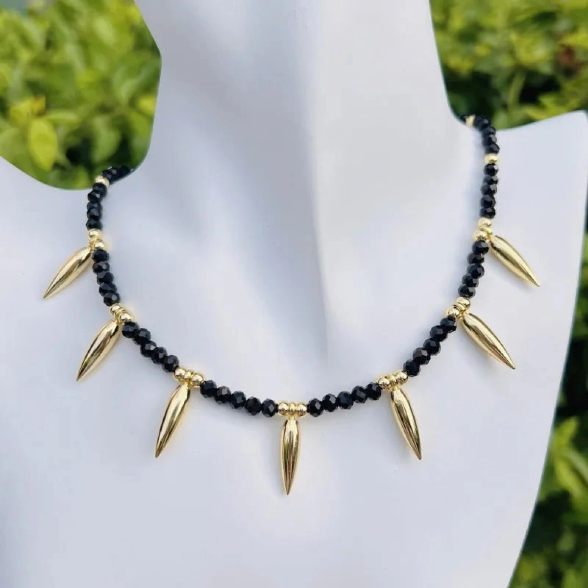 [NewProduct] - Κολιέ μαύρες μπίλιες και καρφιά χρυσού χαλκού-NE302 - Image 3