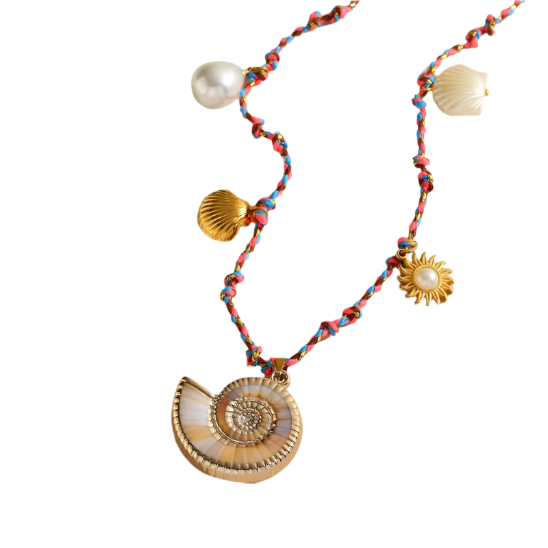 Vacation-Romantic-Beach-Sun-Conch-Shell-18K-Gold-Plated-Acrylic-Imitation-Pearl-304-Stainless-Steel-Polyester-Cord-String-Pendant-Necklaces-Wholesale-1 Κολιέ επιχρυσωμένο ατσάλι με πολύχρωμο κορδόνι και κοχύλια-NE045 - Image 1
