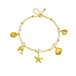 Βραχιόλι ποδιού χρυσό ατσάλι με πέρλες και θαλασσινά σχέδια-AN068