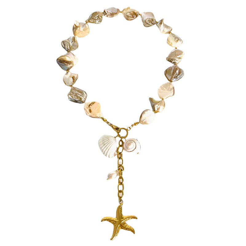 Wholesale-Jewelry-Nordic-Style-Vacation-Marine-Style-Geometric-Starfish-Shell-316L-Stainless-Steel-Freshwater-Pearl-Shell-18K-Gold-Plated-Irregular-Pendant-Necklace-9999 Κολιέ επιχρυσωμένο ατσάλι με φυσικά κοχύλια και αστερία-NE066 - Image 1