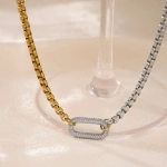 Κολιέ ατσάλι χρυσό και ασημί με zircon οβαλ-NE401 - Image 3