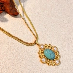 Κολιέ επιχρυσωμένο ατσάλι με τιρκουαζ πέτρα και περλίτσες-NE423 - Image 2