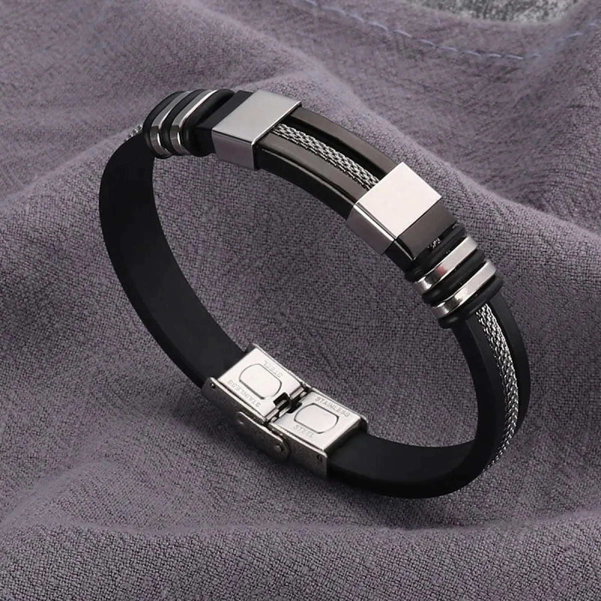 [NewProduct] - Βραχιόλι μαύρο με ασημί από ατσάλι - BR140 - Image 2
