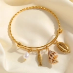 Βραχιόλι επιχρυσωμένο ατσάλι με κοχύλια ψαράκι και πέρλα-BR093 - Image 2