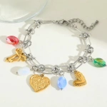 Βραχιόλι ατσάλι με χρυσά charms και πολύχρωμα zircon-BR159 - Image 2