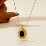 Κολιέ επιχρυσωμένο ατσάλι με οβαλ μαύρη πέτρα-NE516 - Image 2