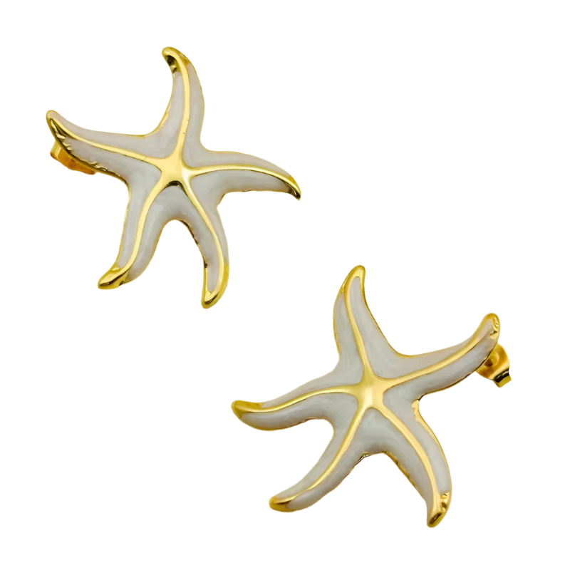 NH43658016 Σκουλαρίκια επιχρυσωμένο ατσάλι λευκοί αστερίες-EA412 - Image 1