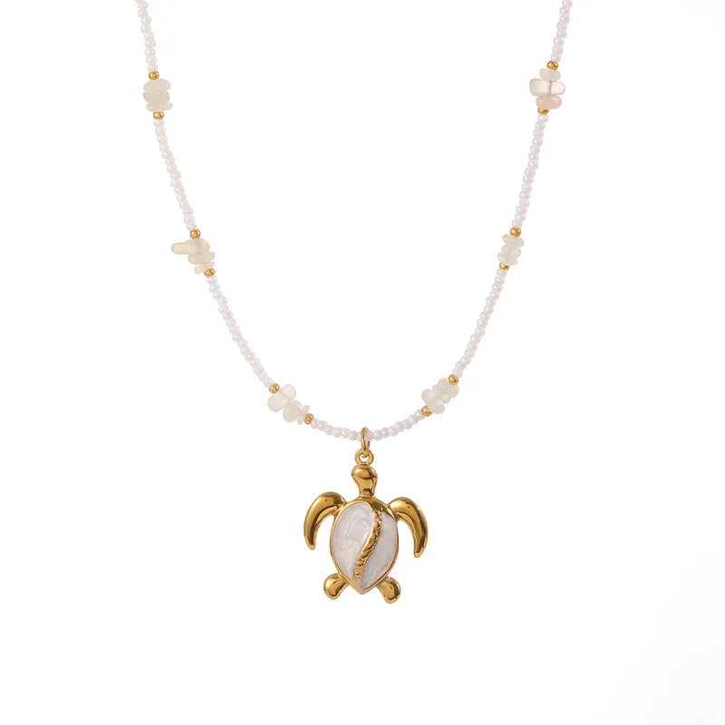 NH43824729 Κολιέ επιχρυσωμένο ατσάλι με λευκή χελώνα και χάντρες-NE507 - Image 1