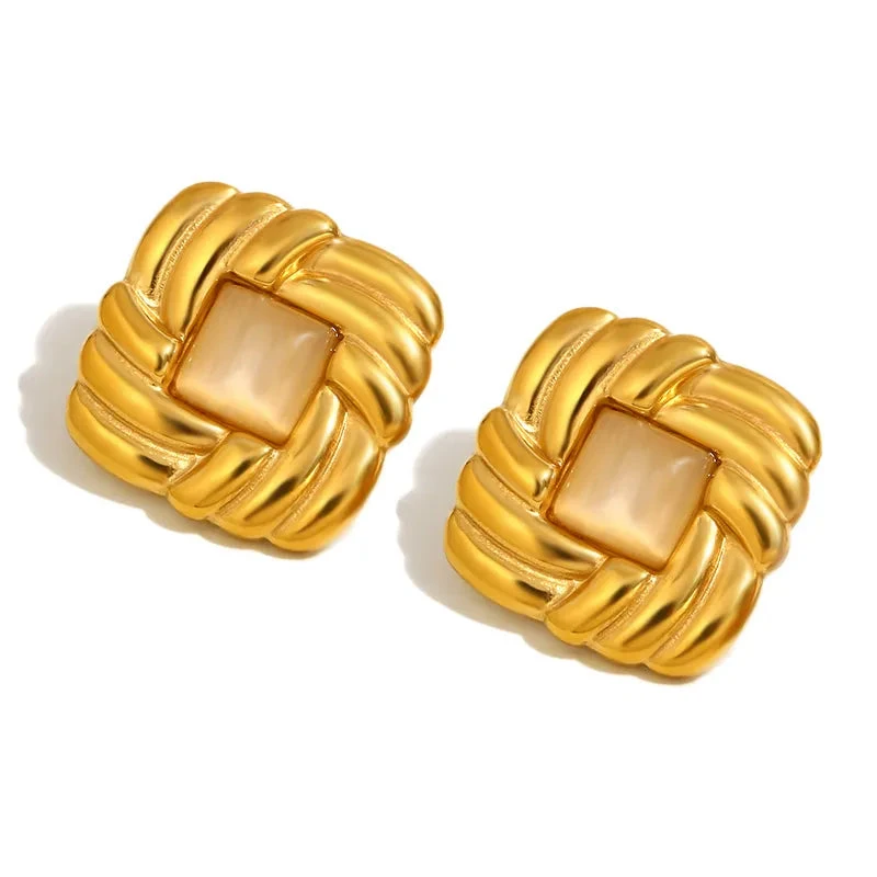 NH43838315 Σκουλαρίκια επιχρυσωμένο ατσάλι τετράγωνα με ροζ πέτρα-EA381 - Image 1