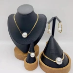 Σετ κοσμημάτων ατσάλι κολιέ βραχιόλι δαχτυλίδι σκουλαρίκια με μεγάλη πέρλα-SET020 - Image 2