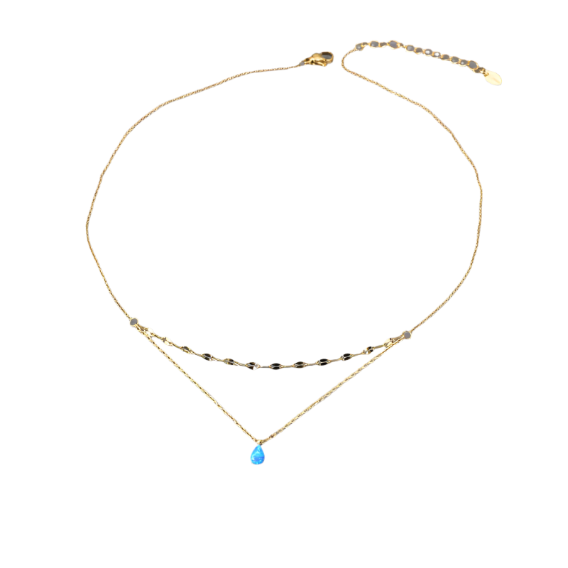 Wholesale-Jewelry-Elegant-Simple-Style-Daisy-304-Stainless-Steel-Rhinestones-18K-Gold-Plated-Plating-Inlay-Coffee-Bean-Chain-Cable-Chain-Double-Layer-Necklaces-6 Κολιέ επιχρυσωμένο ατσάλι διπλή αλυσίδα με τιρκουάζ πέτρα-NE515 - Image 1