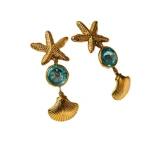 Σκουλαρίκια χρυσό ατσάλι με αστερία κοχύλια και γαλάζια πέτρα-EA498 - Image 2