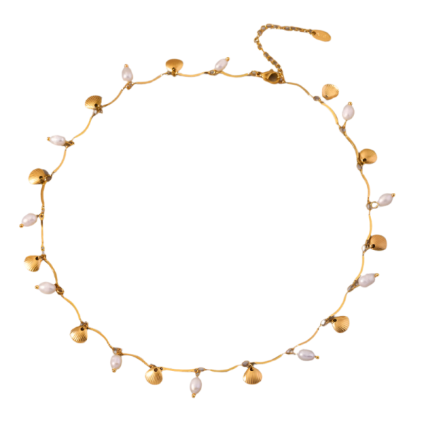 [NewProduct] - Κολιέ επιχρυσωμένο ατσάλι με πέρλες και χρυσά κοχύλια-NE084