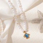 [NewProduct] - Κολιέ επιχρυσωμένο ατσάλι με μπλε χελώνα και αλυσίδα από πέρλες-NE427 - Image 2